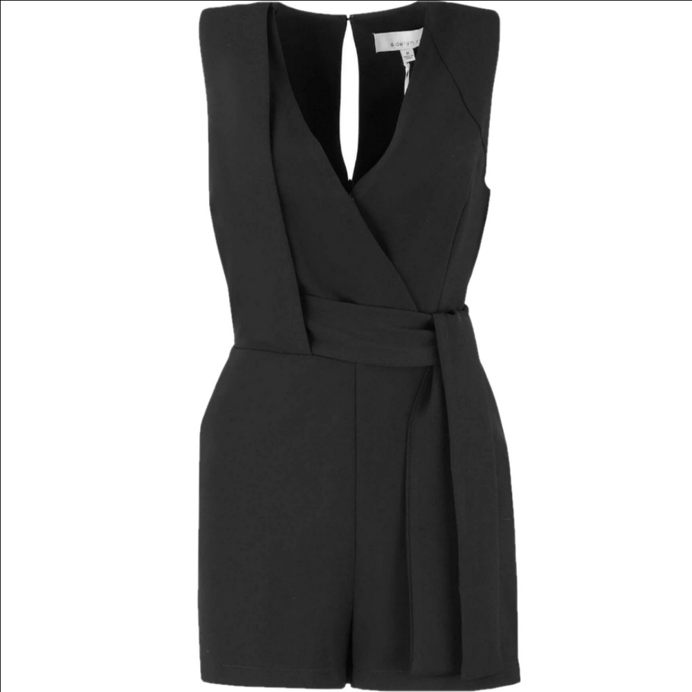 ADELYN RAE Black Val woven surplice romper **without belt**